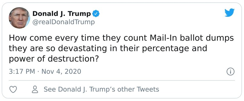 Trump tweet asking why mail-in ballots favored Biden